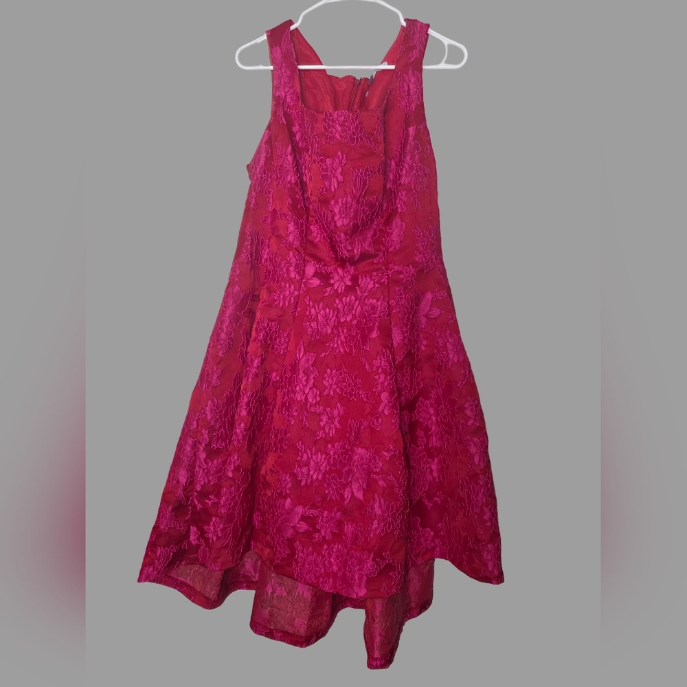 Luxe by Carmen Marc Valvo vibrant red embossed pink floral formal dress
